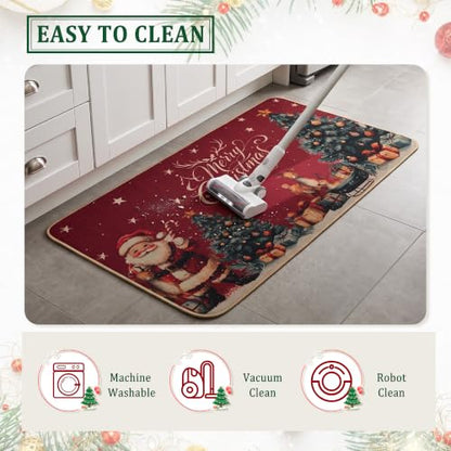 Christmas Kitchen Rugs Set of 2 Non Slip Washable Holiday Mats - Red, Tree Variation (17x30 + 17x47 inches)