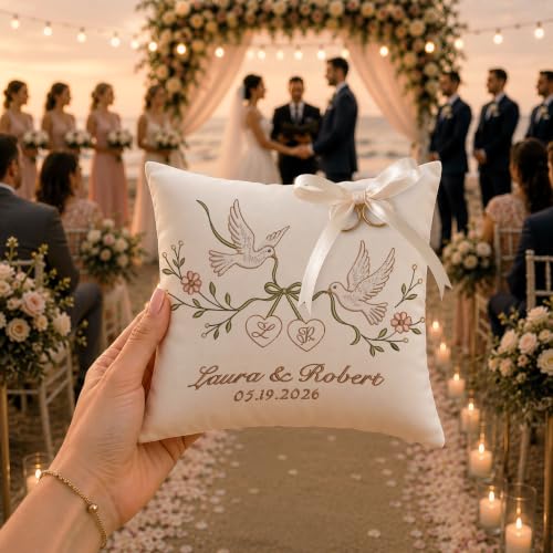 Personalized Wedding Ring Bearer Pillow - Embroidered Linen Keepsake - Wedding 8