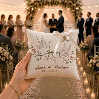 Personalized Wedding Ring Bearer Pillow - Embroidered Linen Keepsake - Wedding 8