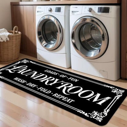 Farmhouse Non-Slip Laundry Room Rug Runner - Washable Black 1'5" x 3'11"