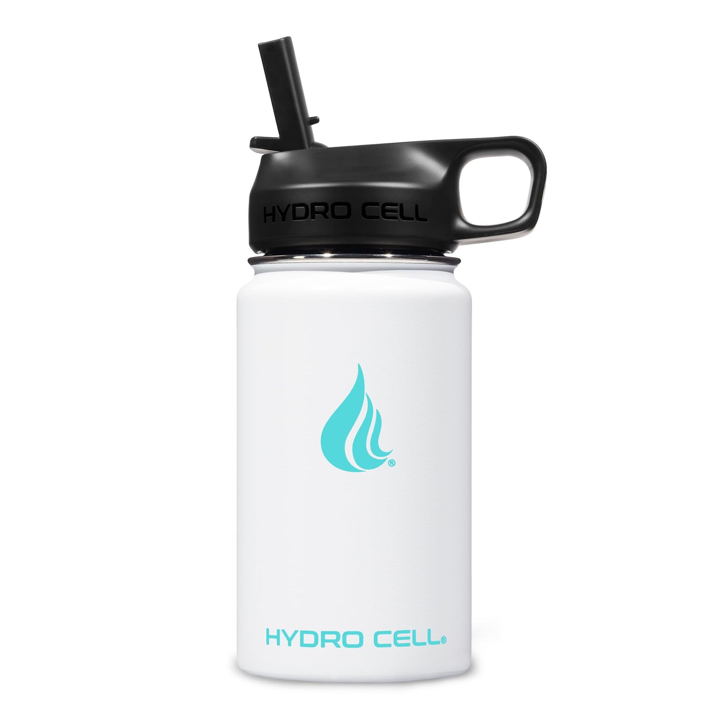 HYDRO CELL Stainless Steel Sport Water Bottle with Straw - Keeps Drinks Cold & Hot via a Leak Proof Metal Triple Insulated Vacuum Flask for All Sports and Outdoors Activities (White 14oz)