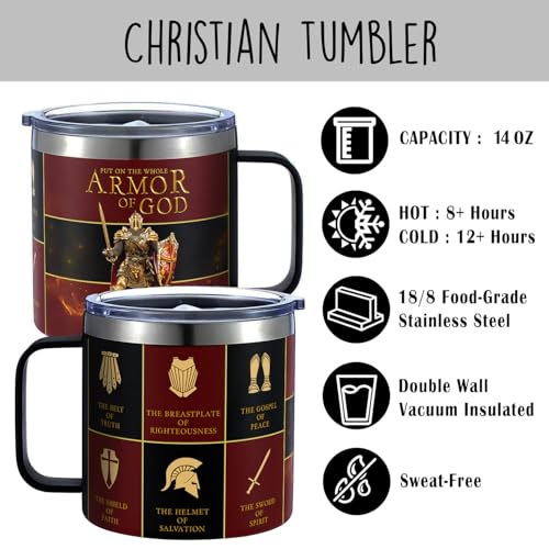 Armor of God Christian Tumbler for Men - 14oz Religious Gift, Pastor Appreciation, Christmas & Birthday Present - Variation of Armor God