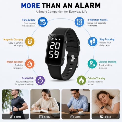 Black Vibrating Alarm Wristband for Heavy Sleepers with Step Tracker
