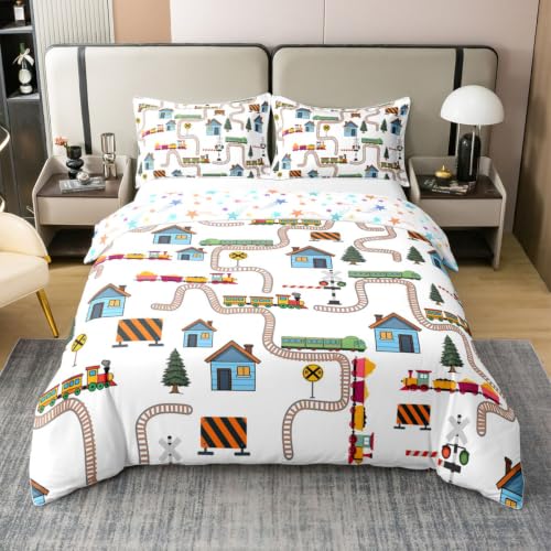 Children's Car Race Track Duvet Cover Set - Twin Cotton Bed Bedding with Cartoon Cars - Blue & Red Brown Orange Variation