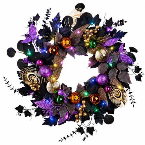 Halloween Wreath with Lights 22-Inch Black and Purple Front Door Decor