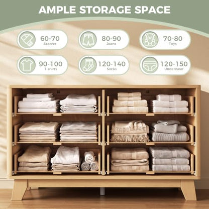 Jocoevol Fluted 6-Drawer Dresser with Gold Handles, Natural Finish