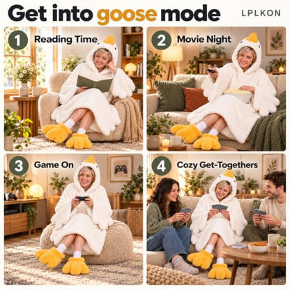 White Wearable Goose Blanket Hoodie - Oversized Duck Onesie Pajamas Costume, Medium