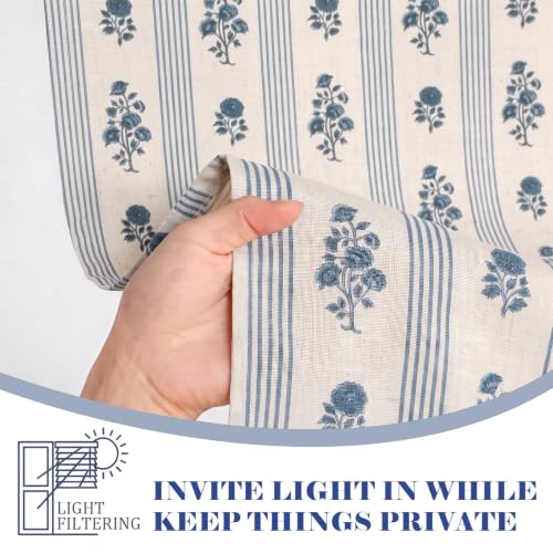 Blue Floral Linen Kitchen Tier Curtain Set - Farmhouse Decor, 24x36 Inches, Ruffled Hem