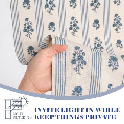 Blue Floral Linen Kitchen Tier Curtain Set - Farmhouse Decor, 24x36 Inches, Ruffled Hem