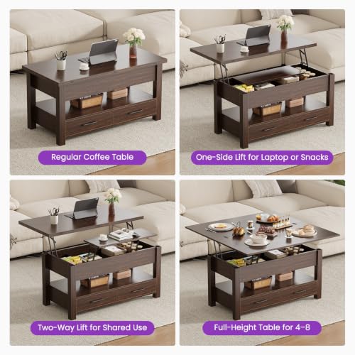 DUMOS 39.4-Inch Convertible Lift Top Coffee Table - Brown, 4-in-1 Multi-Functional Design