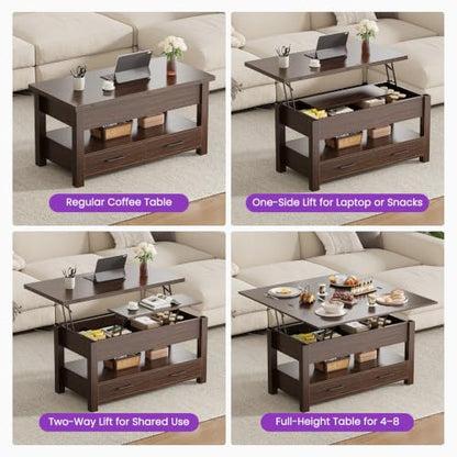 DUMOS 39.4-Inch Convertible Lift Top Coffee Table - Brown, 4-in-1 Multi-Functional Design