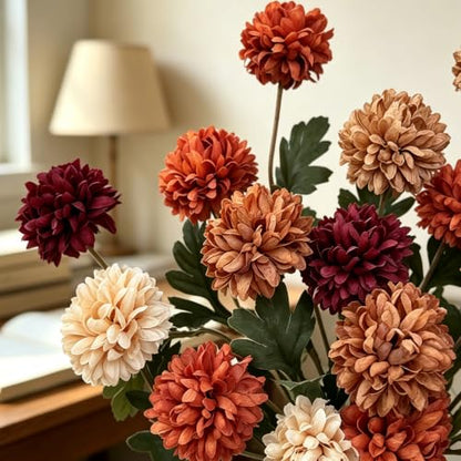 Artificial Fall Flowers 27Inch Faux Pompon Mums - Mixed Colors, Set of 6