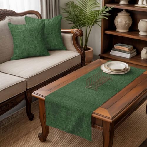 Queen Size Bed Runner with 2 Pillow Covers Green Linen Textured 83x20 - Vintage Style