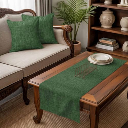 Queen Size Bed Runner with 2 Pillow Covers Green Linen Textured 83x20 - Vintage Style