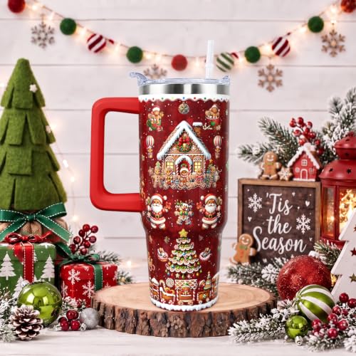 Christmas Gingerbread Tumbler with Handle 30 oz - Red Insulated Travel Mug