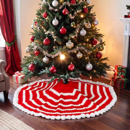 36 Inch Red White Crochet Christmas Tree Skirt with Pom Trim
