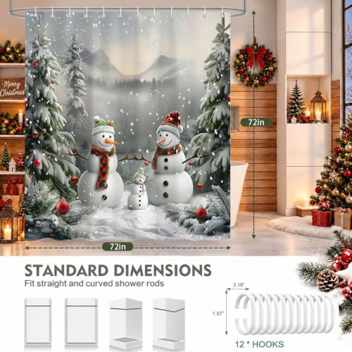Winter Snowman Shower Curtain - 72x72 Inch Holiday Bathroom Decor with 12 Hooks - Snowman Design, Waterproof Polyester