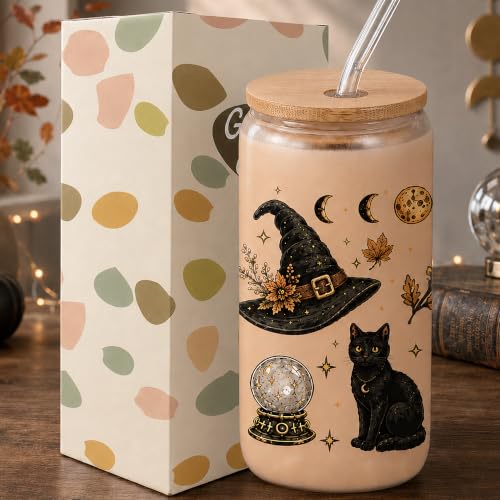 Halloween Glass Cup with Lid & Straw - 16oz Witch Design, Spooky Drinking Bottle