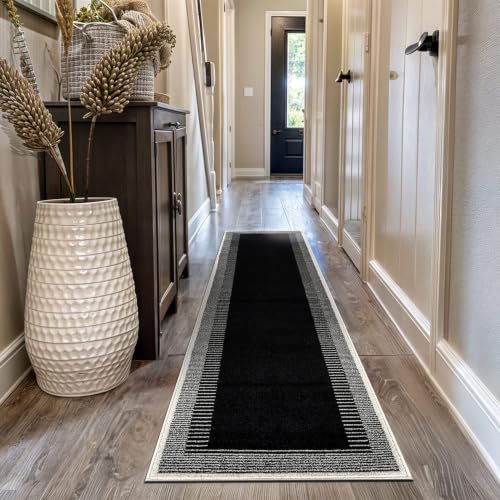 Indoor Abstract Border Rug 2'2" x 12' Black Modern Area Runner with Neutral Tones - Variation of THIS listing