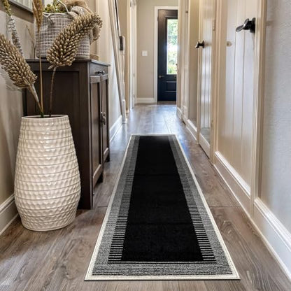 Indoor Abstract Border Rug 2'2" x 12' Black Modern Area Runner with Neutral Tones - Variation of THIS listing