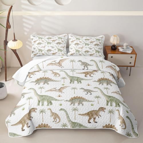 Kids Dinosaur Quilt Set Twin Green White Jungle Dinos Bedspread Lightweight Bedding