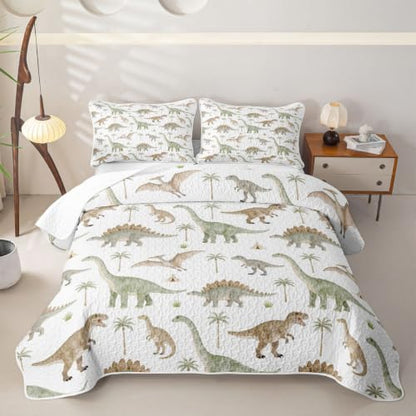 Kids Dinosaur Quilt Set Twin Green White Jungle Dinos Bedspread Lightweight Bedding