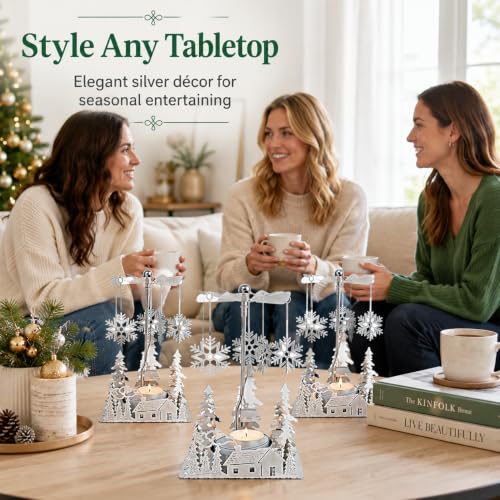 Winter Cabin Silver Holiday Candle Spinner Set of 3 - Laser Cut Christmas Scene, Christmas Decor