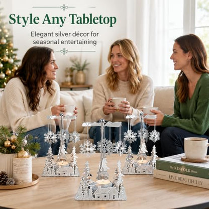 Winter Cabin Silver Holiday Candle Spinner Set of 3 - Laser Cut Christmas Scene, Christmas Decor