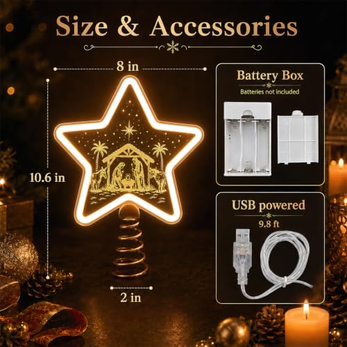 Nativity Tree Topper with Warm White LED - USB or Battery Operated Christmas Decor