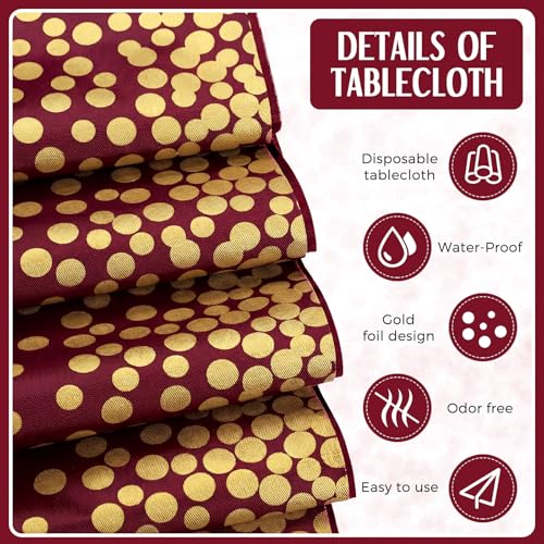Burgundy and Gold Tablecloths Set with Satin Runners - 8 Pack - Wedding & Party Decor