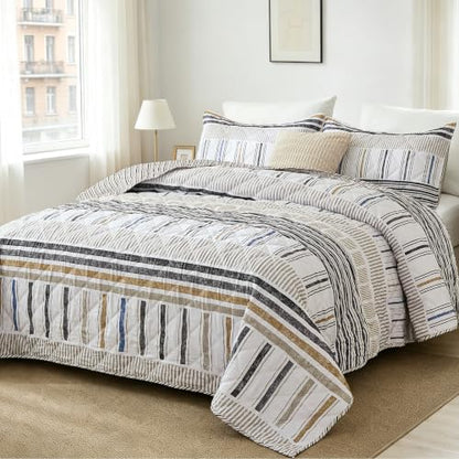 Cottolester Striped Bedding Set Queen Size - Taupe Grey, 3 Pieces