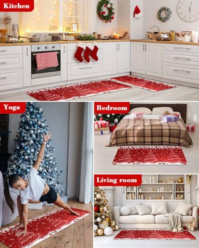 Christmas Kitchen Rugs Set - Red Sparkle Ornaments & White Tree Doormat, Washable Absorbent Floor Mats, 16x24 & 16x47 Inches