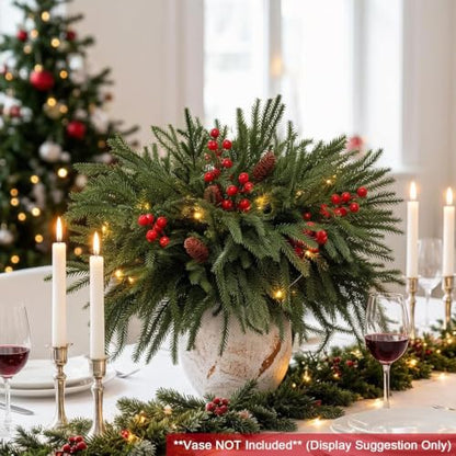 Green Pine Branches with LED Lights and Berries - 24 Piece Holiday Decor Set