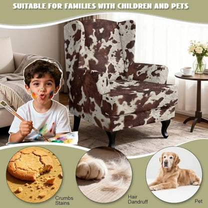 Brown Cow Print Wingback Chair Slipcover with Elastic Edge - Anti-Slip Furniture Cover