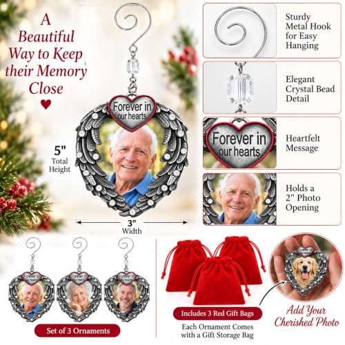 Memorial Photo Ornament Set - Silver Heart with Angel Wings, 3 Pack with Storage Bag - Personal Keepsake for Loss of Loved One