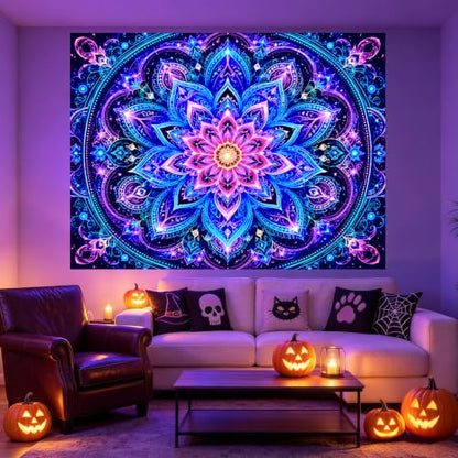 UV Black Light Mandala Wall Tapestry - 78x59 in Polyester, Neon Glow Effect HC-YL-72018