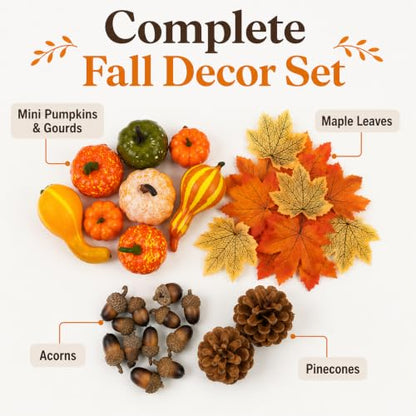 70-Piece Fall Decoration Set with Artificial Pumpkins Acorns Pinecones & Maple Leaves