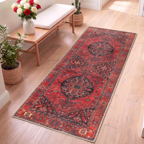 Aura Washable 2x6 Hallway Runner Rug - Turkish Boho Style, Burgundy Red Rust