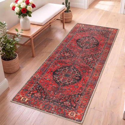 Aura Washable 2x6 Hallway Runner Rug - Turkish Boho Style, Burgundy Red Rust