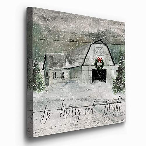 32x32 Inch Holiday Wall Art Canvas - Be Merry and Bright Winter Decor, Festive Barn Faux Wood Look, Ready to Hang, Made in USA