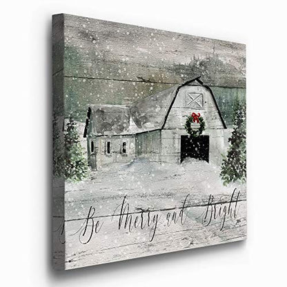 32x32 Inch Holiday Wall Art Canvas - Be Merry and Bright Winter Decor, Festive Barn Faux Wood Look, Ready to Hang, Made in USA