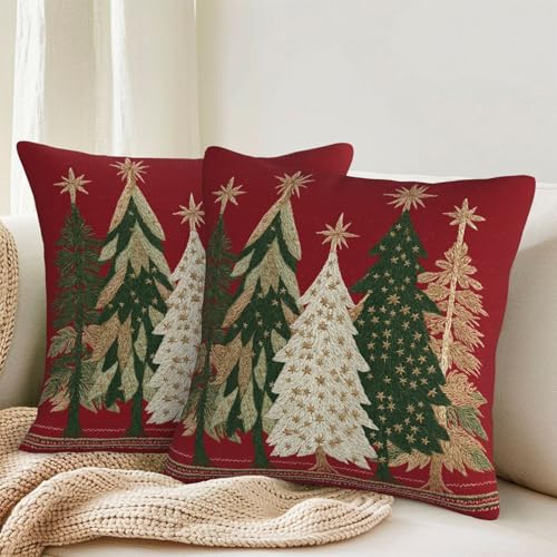 Christmas Pillow Covers 18x18 Set of 2 - Red Gold Green Tree Print