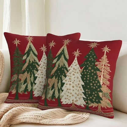 Christmas Pillow Covers 18x18 Set of 2 - Red Gold Green Tree Print