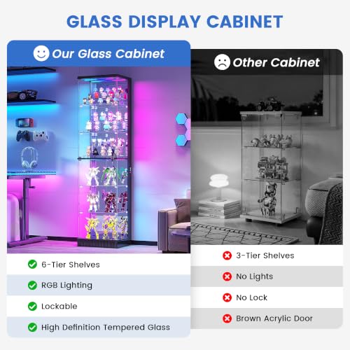 6-Tier Corner Display Cabinet with RGB Lights, Lockable Glass Doors