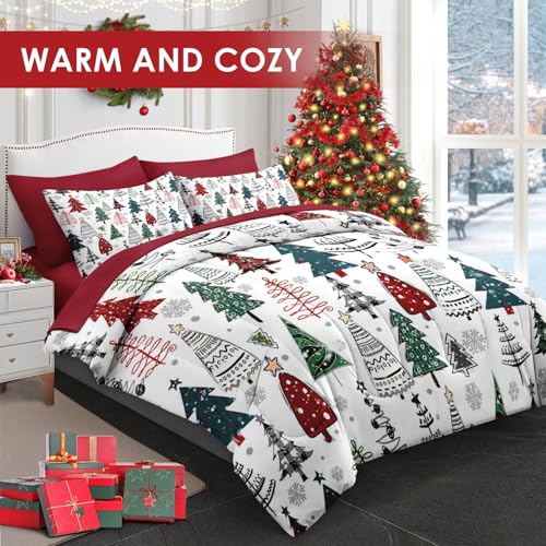 WeCozy King Christmas Comforter Set with Sheets - 7 Pieces Winter Bedding, Xmas Tree Variation