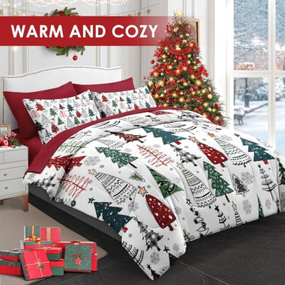 WeCozy King Christmas Comforter Set with Sheets - 7 Pieces Winter Bedding, Xmas Tree Variation