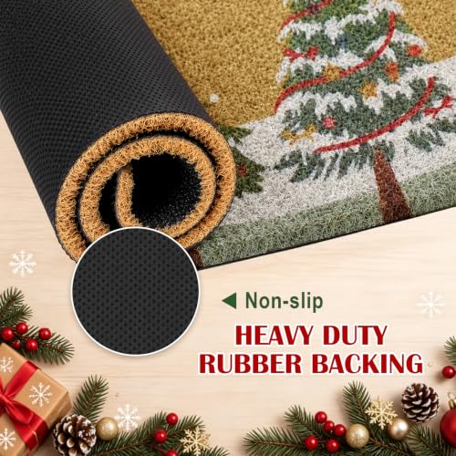 Christmas Welcome Mat 16x30 Inch Non-Slip Faux Coir Front Door Rug with Christmas Tree Pattern