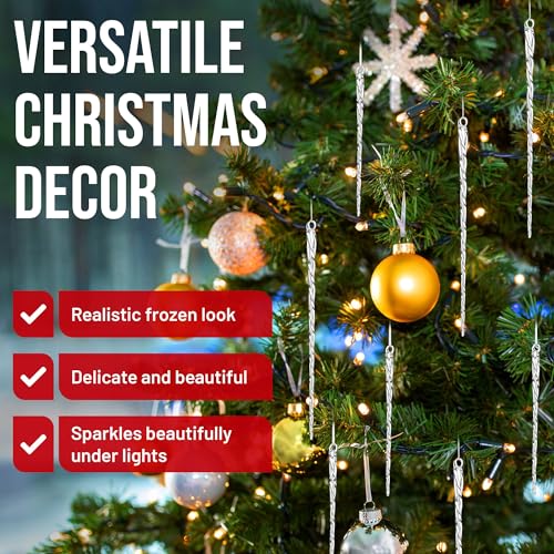 24 Pc Glass Christmas Icicle Ornaments Set - 12x 4-Inch & 12x 6-Inch Clear Twisted Decorations, Holiday Tree & Winter Decor