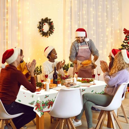 Christmas Tablecloth Holly and Pine Cone Waterproof Holiday Table Cover 108x54 Inch - 3 Pieces