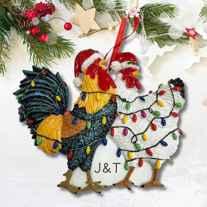 Chicken Couple Christmas Ornaments - Rooster and Hen Holiday Decor - 2025 Gift